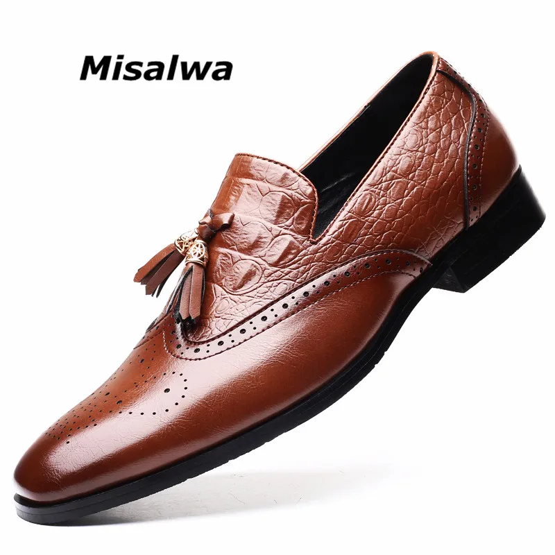 

Misalwa Half Crocodile Pattern Men Shoes Tassel Casual Italian Men PU Leather Loafers Formal Brogue Wedding Shoes Big Size 38-48