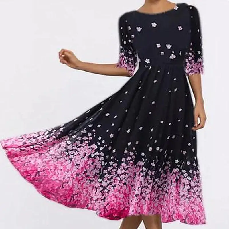 Spring Autumn Hot Sales Polyester Middle Sleeve Women Dress Round Collar Printing Pullovers Commuting Dress