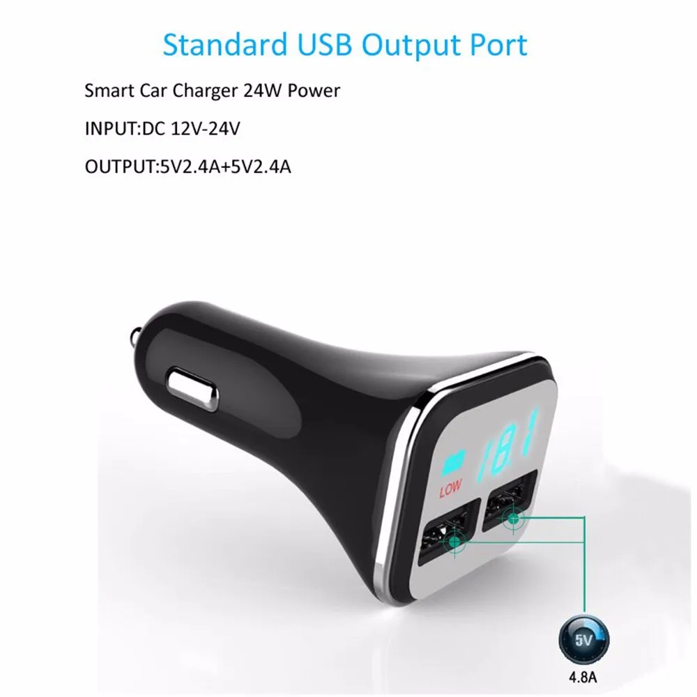 Автомобильное зарядное устройство с двумя usb-портами, светодиодный цифровой дисплей, 5 в постоянного тока, 4,8 А, интеллектуальное предупреждение низкого напряжения, автомобильное зарядное устройство USB для iPhone, samsung