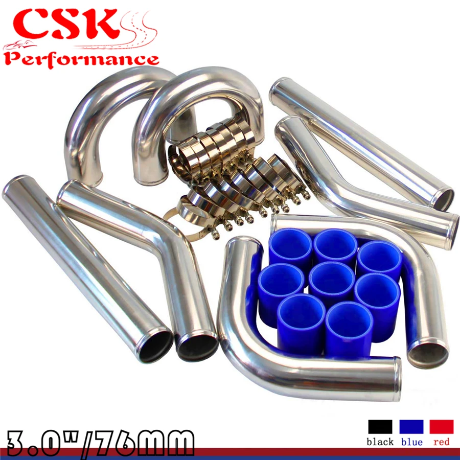Universal 3" 76mm Turbo Boost Intercooler pipe kit Aluminum Piping Blue