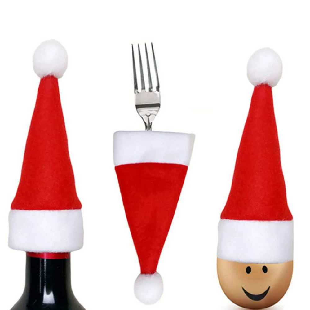 30PC Mini Cutton Christmas Hat Tableware Holder Kitchen Dinnerware Cover Bag Xmas Navidad Natal New Year Home Party Decor