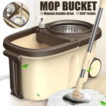 

New Upgrade 360°Spin Cleaning Mops set with Bucket 5 pcs Fiber Heads Washable Easy Wring Cleaning System Steel Floor Drop mops