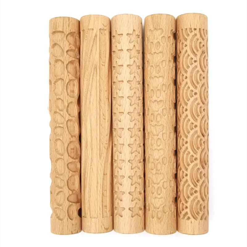 Description Picture 5 of itemPottery Art Wood Texture Roll Relief Tree Stone Flower Pattern Embossed Rod Mud Roll DIY Ceramic Sculpture Modeling Clay Tools