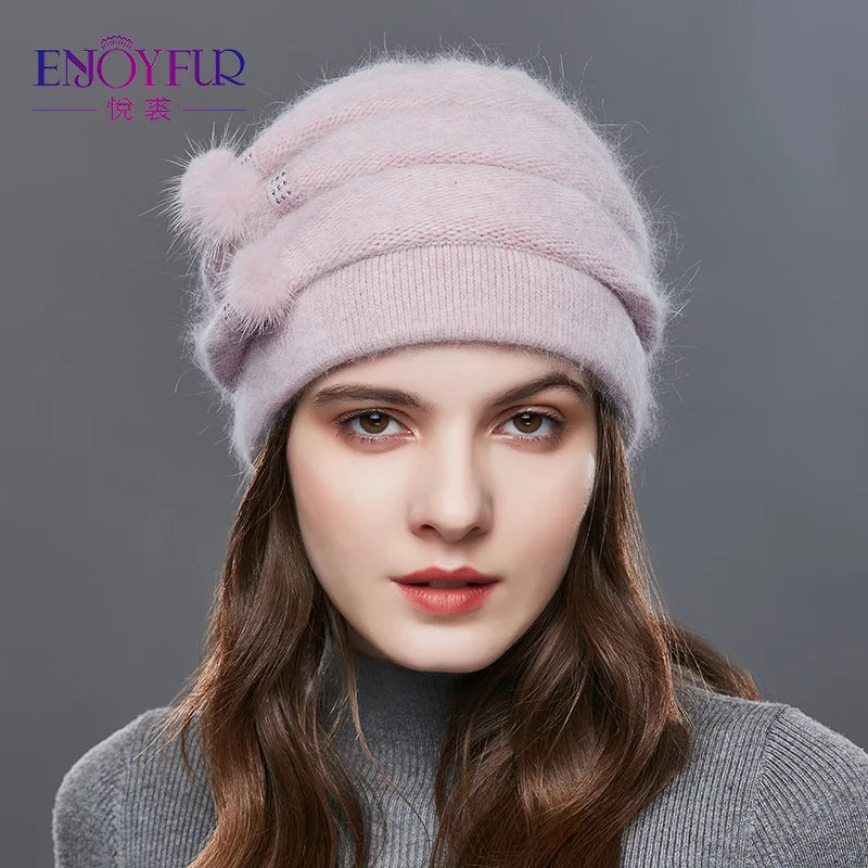 ENJOYFUR Women Winter Cashmere Knitted Hats Natural Mink Pompom Stripe Girl Bonnet Fashion Warm Female Outdoor New Brand Beanies 3
