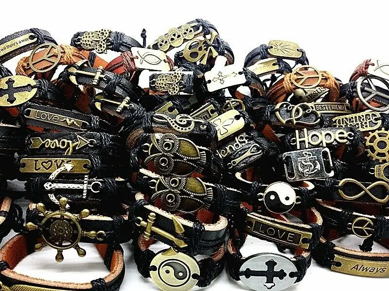 

Wholesale 30pcs Mix Lots Handmade Metal Leather Cuff Bracelets for Men Women MixMax