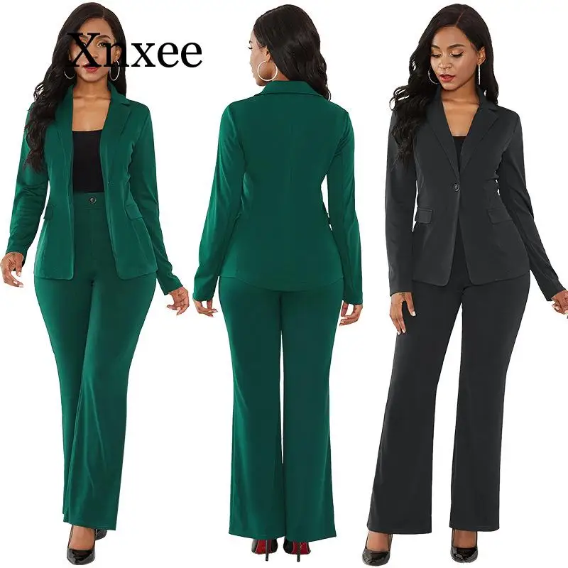 green women's suit office two piece set long sleeve suit pants 2 piece set female winter office female green elegant formal