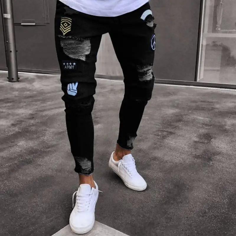 2019 новые рваные вышитые джинсы тонкие мужские модные брюки мужские повседневные тонкие летние джинсовые брюки классические ковбойские