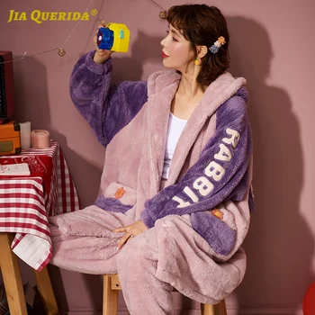 

Pyjamas Woman Front Pocket Coral Fleece Letter Printing Soft Long Sleeve Long Pants Sleepwear Fashion Style Warm Winter Hooded