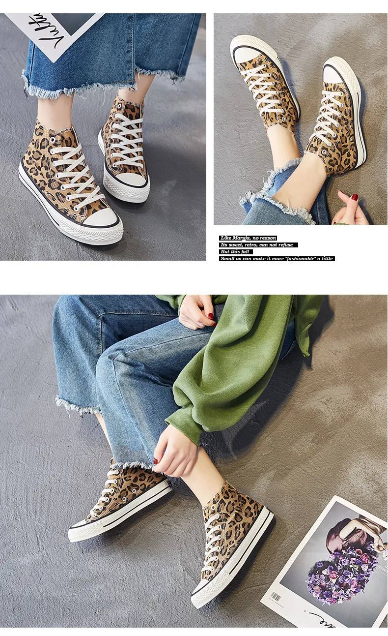 Women's Canvas Shoes Fashion Leopard Print Lace-up Flats Casual Shoes Lady Autumn High-Top Vulcanized Shoe Non-Slip Sneakers