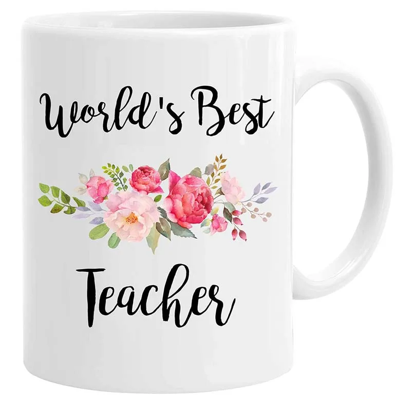 White Ceramic World's Best Teacher Coffee Mugs Office Cups with Flowers 11 Ounce Funny Gift for Women Men Family Friends Co | Дом и сад