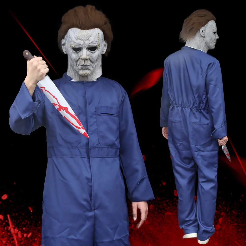 

Horror Killer Michael Myers Cosplay Costume Mask Scary Halloween Kills Led Latex Helmet Adult Jumpsuit Party Costumes New 2020