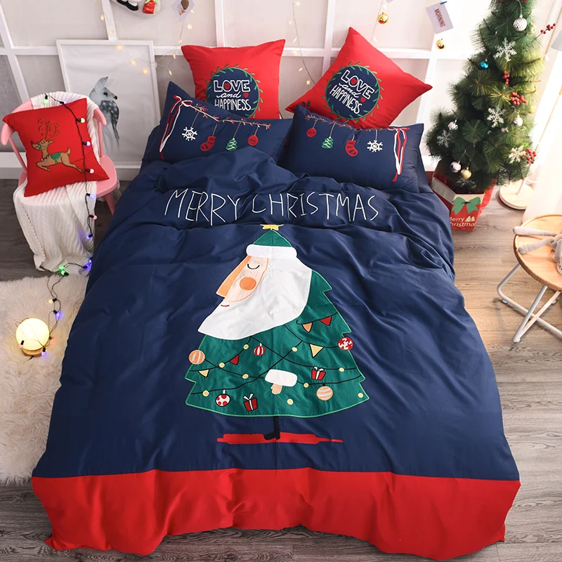Высокое качество Египетский хлопок Санта Клаус вышивка постельное белье пододеяльник простыня наволочки ребенок год рождественские подарки - Цвет: 2