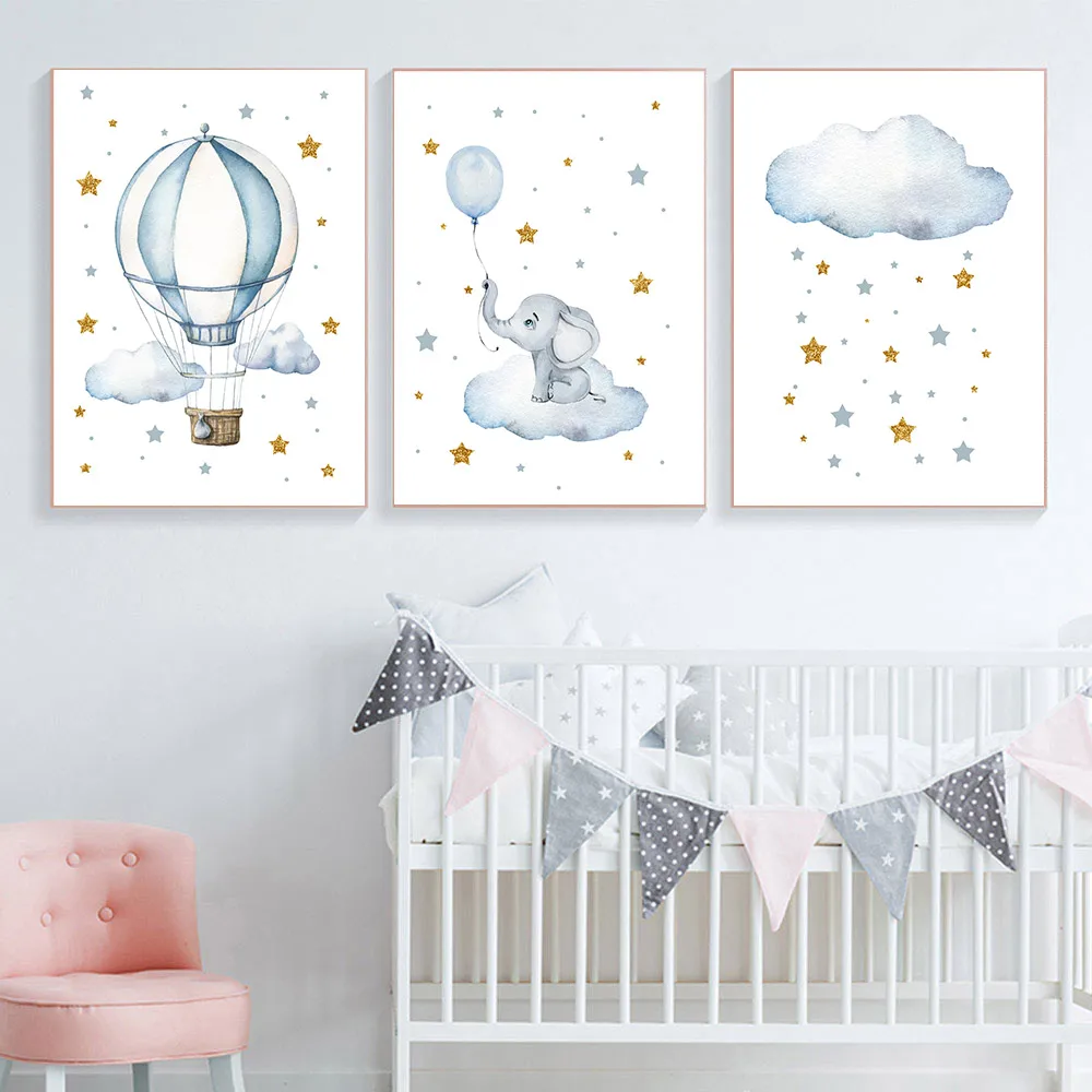 Hot-Air-Balloon-Elephant-Canvas-Painting-Star-Cloud-Nursery-Wall-Art-Print-Nordic-Poster-Cartoon-Wall