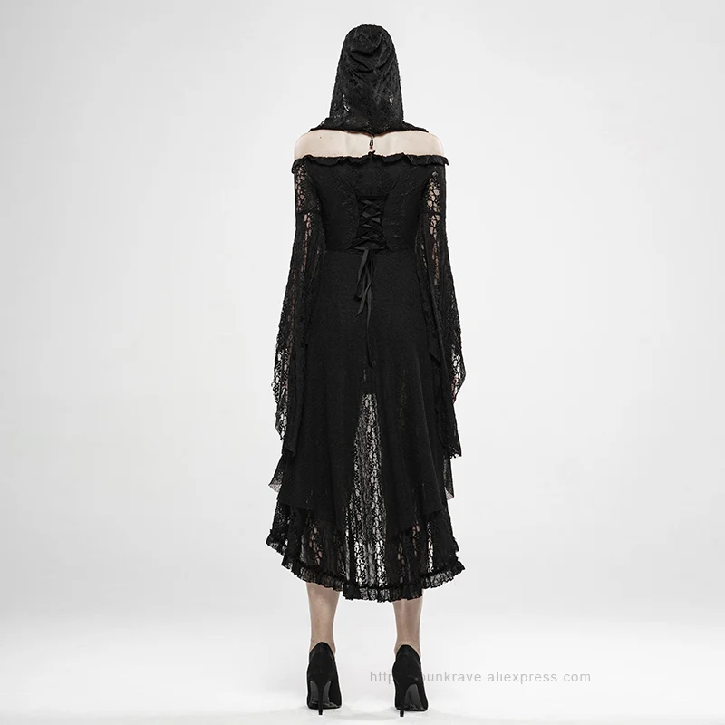PUNK RAVE Women's Gothic Wilderness Witch Lace Irregular Long Sleeve Dress Gorgeous Dark Mesh Sexy Hooded Dress 2 Colors