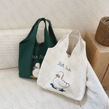 

Plush duck Shopping Bag Graphic Tote Harajuku Shopper Bag Women Canvas Shoulder Bag Female Funny Eco Skipoem Large-capacity