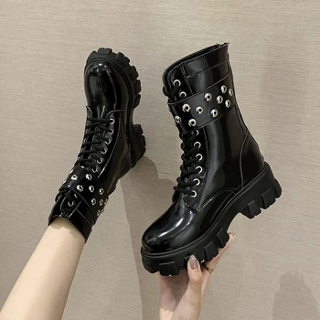 melhor Mulher Rendas Até Botas De Outono Das Mulheres Senhoras Chunky Cunha Plataforma Preto Botas De Couro De Patente Punk Goth Nova Chegada 2020