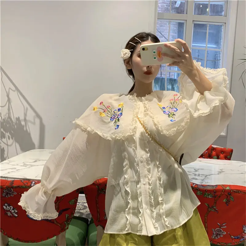 Goedkoop Alien Kitty Retro Borduren Bloemen Zoete Ruches Abrikoos Prairie Chic Dunne Fee Vrouwelijke Flare Mouwen Peter Pan Kraag Shirts