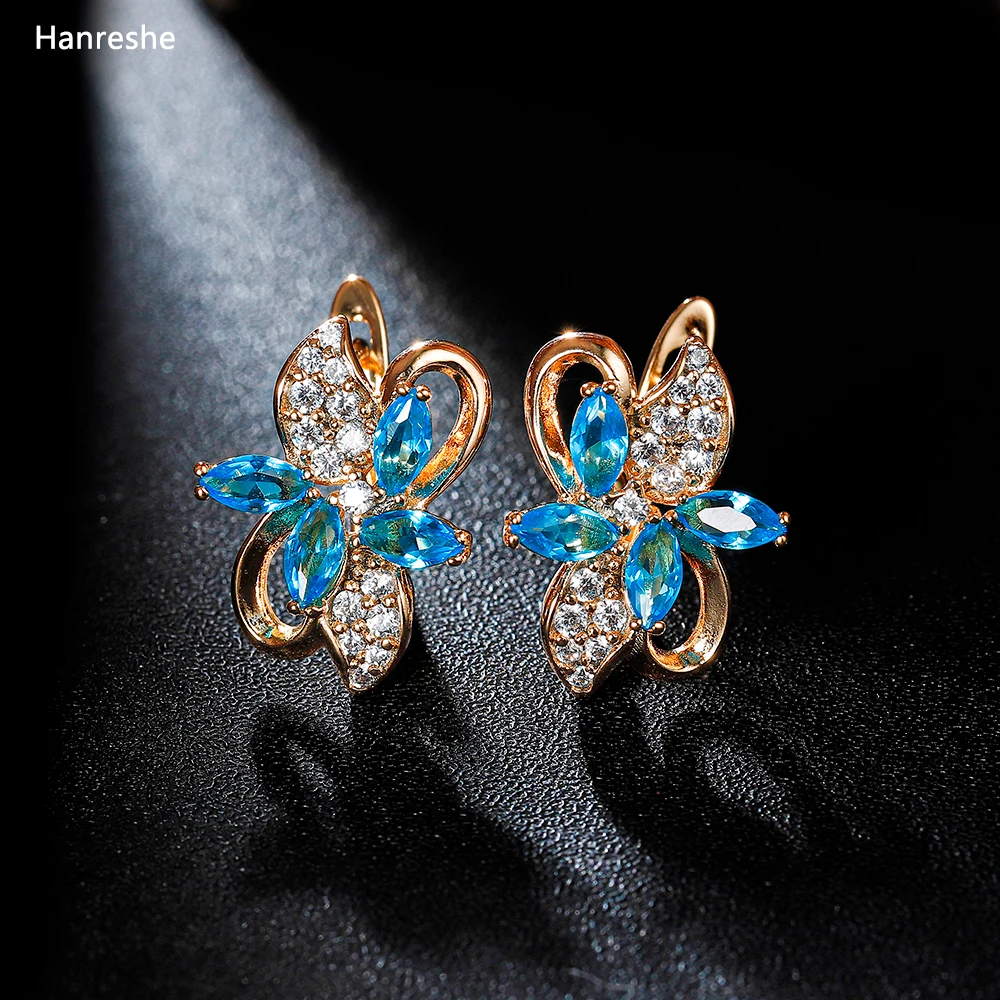 Hanreshe Fashion Classic Natural Zircon Crystal Earring Jewelry Lady Woman High Quality Red Blue Flower Earring Wedding Gift
