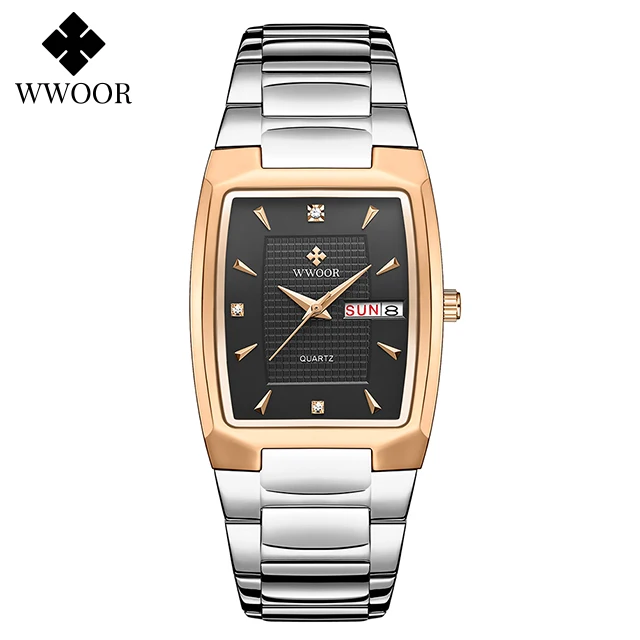 Watches Men WWOOR Brand Casual Simple Men's Quartz Clock Rose Gold Square Waterproof Week Display Wristwatches Relogio Masculino 