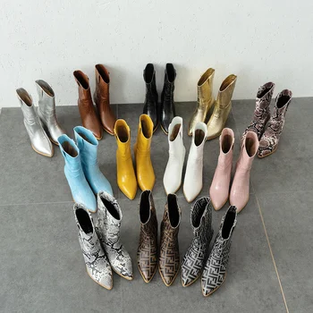 

Autumn winter black golden white Women boots Short boots pointed Side zipper 7cm High heels European brands Size 34-46