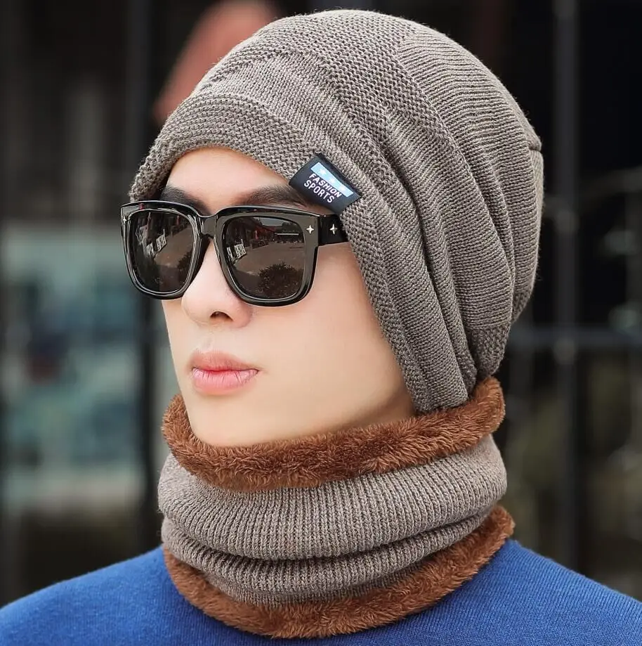 SUOGRY зимние шапки для мужчин Skullies Bonnets Мужская зимняя вязаная шапка шарф шерсть Женский Gorras маска фасоль мужская шапка - Цвет: khaki Hat and Scarf