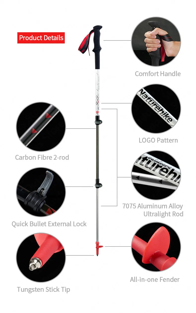 Vara de Fibra Naturehike Caminhadas Carbono Liga Alumínio Leve Trekking Pólo Dobrável Alpenstock Escalada Esqui Telescópica 7 Esporte e Lazer