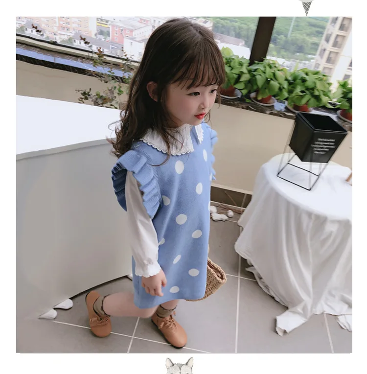

Girls Childrenswear 2019 Spring And Autumn Korean-style Girls Small Fly Dotted Double Color Dress Sweater My1910