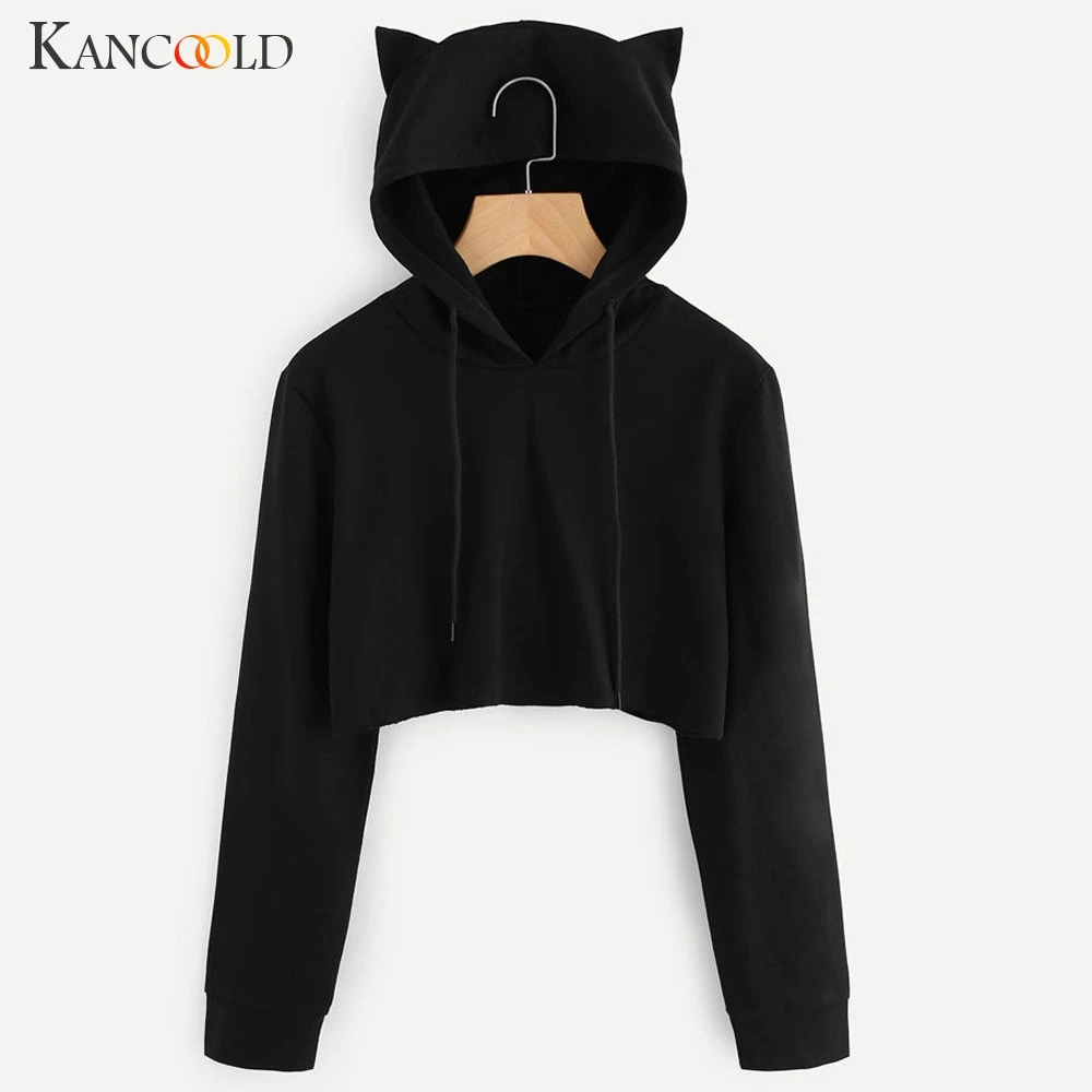 KANCOOLD Luxury Cute Womens Sweatshirts Hoodie Crop Tops Solid Cat Ear Long Sleeve Cropped Sweatshirt Hooded Pullover | Женская одежда