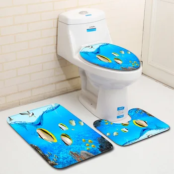 

3pcs Bath Mat Set Toilet Pedestal Carpet Anti Slip Toilet Seat Cover Mat Bathroom Doormat Shower Rug 3D Ocean World Toilet Set