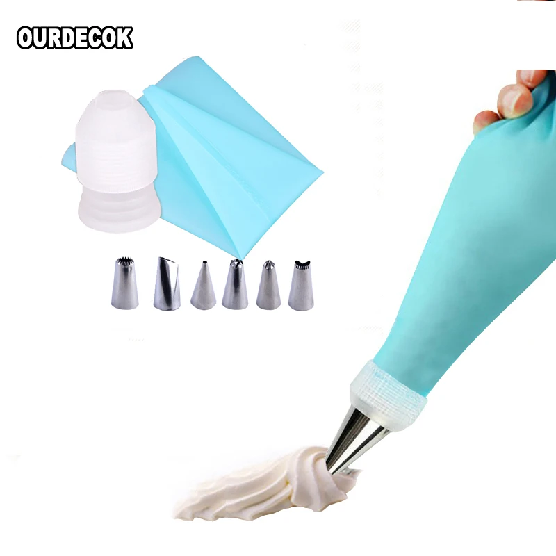 Hot Silicone Icing Piping Cream Pastry Bag + 6 X Stainless Steel Nozzle