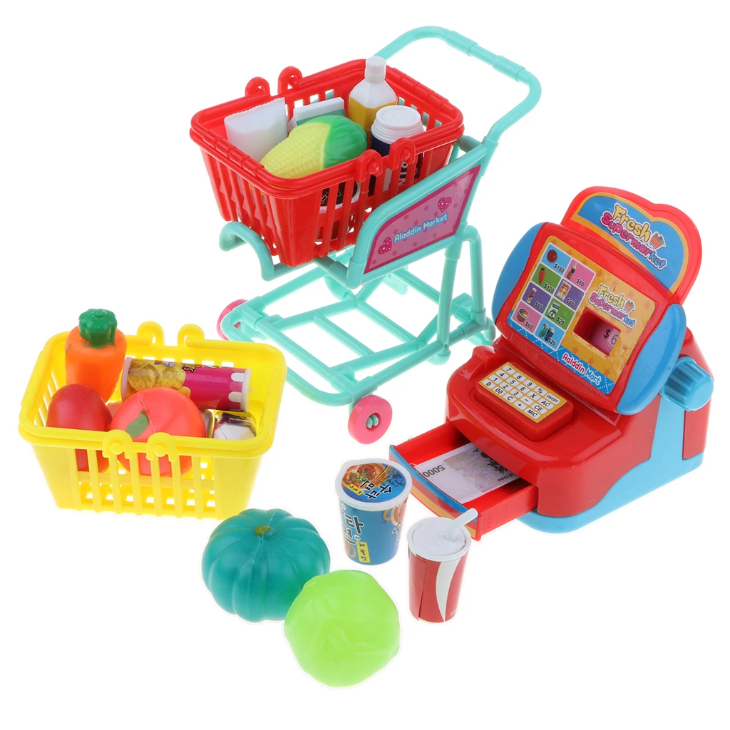 Pretend Play Supermarket Set, Cash Register Playset with Cart and Foods Educational Toy Set for Kids