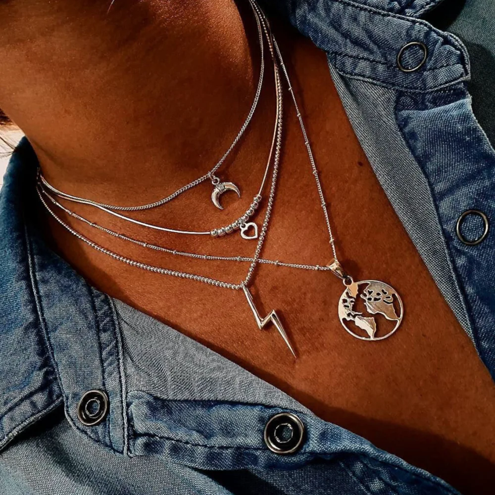 

FAMSHIN Vintage Moon Map Chain Necklace For Women Bohemian Multilayer Lightning Pendant Necklaces Heart Beads Choker Jewelry