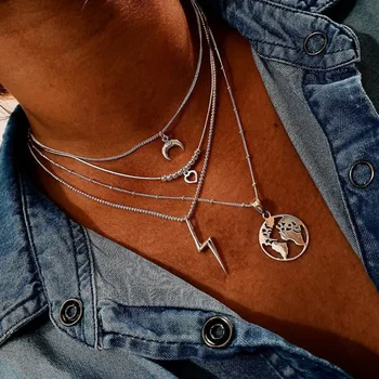 

FAMSHIN Vintage Moon Map Chain Necklace For Women Bohemian Multilayer Lightning Pendant Necklaces Heart Beads Choker Jewelry
