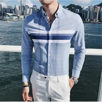 

High Quality Men Shirt Brand New 2019 Striped Shirts Men Slim Fit All Match Streetwear Long Sleeve Shirt Men Dress Blouse Homme