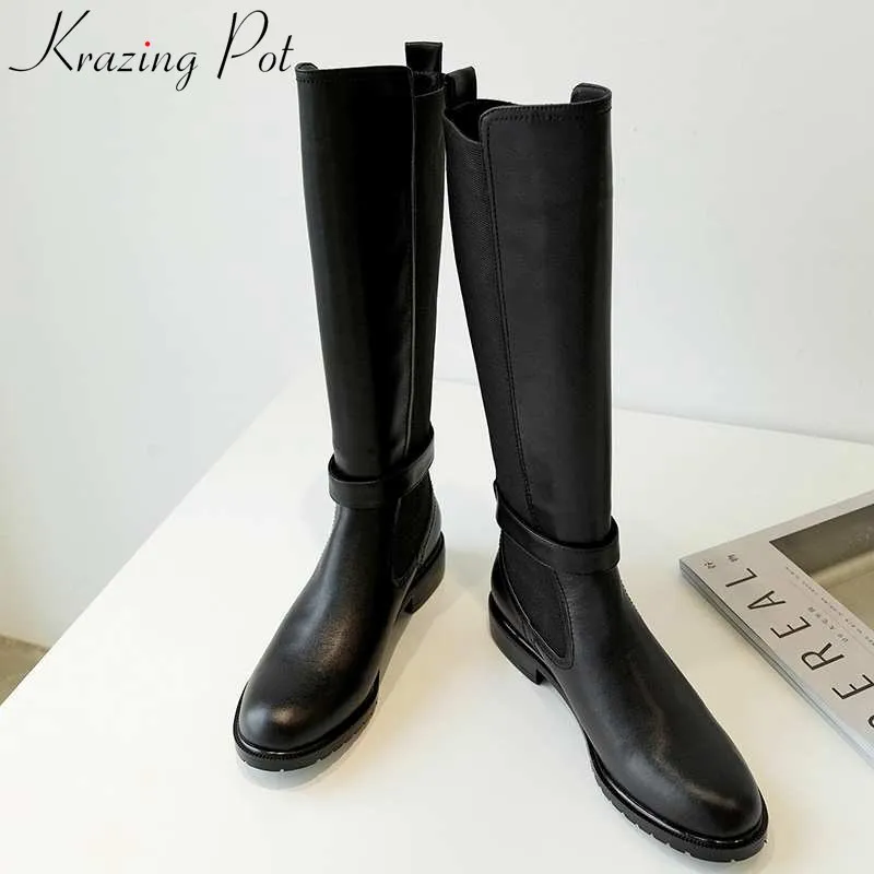 Krazing pot/большие размеры; классические сапоги для верховой езды из коровьей кожи с ремешком и пряжкой; женские зимние теплые сапоги до бедра с круглым носком на среднем каблуке; L69