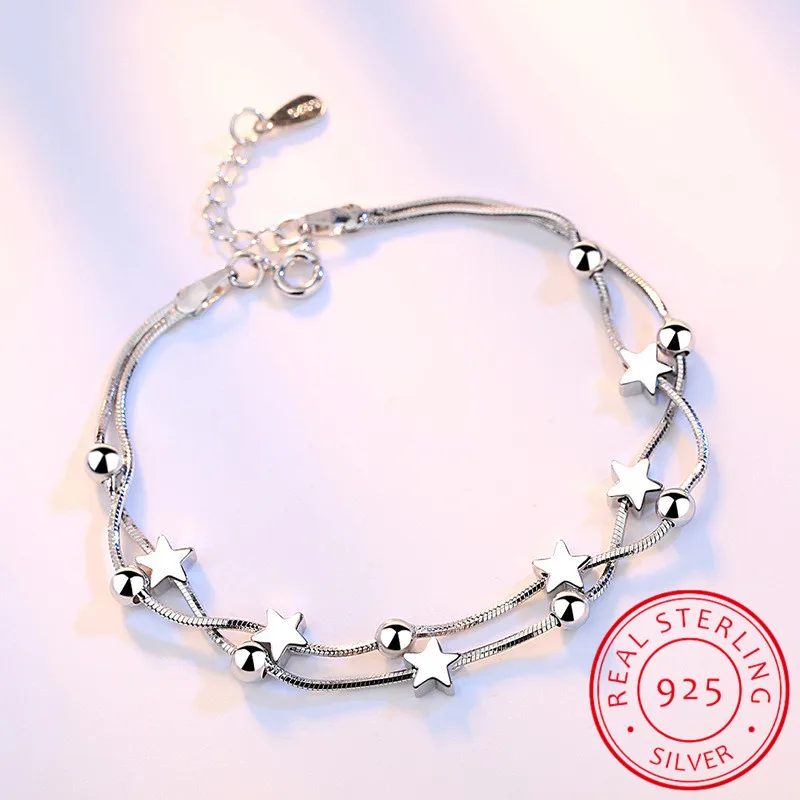 

Korean Fashion Multi-layer 925 Sterling Silver Jewelry Frosted Five-pointed Star bead Chain Box Female Bracelet SB13
