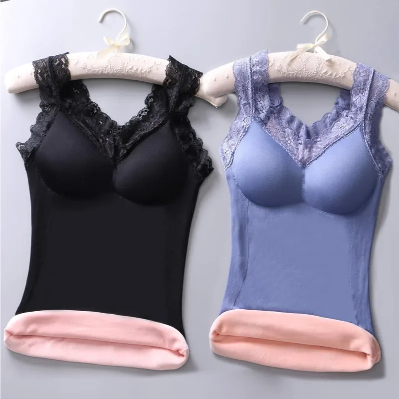 Sexy Lingerie Shirt Bra Plush Vest Women's Winter V-neck Lace Suspender  Thermal Breast Pad Bralette Crop Top For Women Underwear