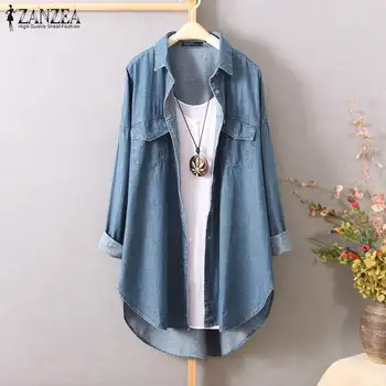

Plus Size Tunic Women's Denim Blue Blouse 2020 ZANZEA Fashion Shirt Long Sleeve Irregular Blusas Female Lapel Button Jean Tops