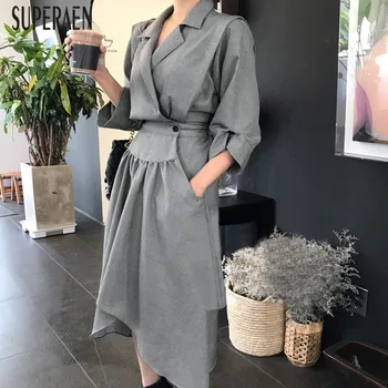 

SuperAen New 2019 Autumn Korean Style Temperament Women Dress Cotton Casual Ladies Dress High Waist Irregular Women Clothing