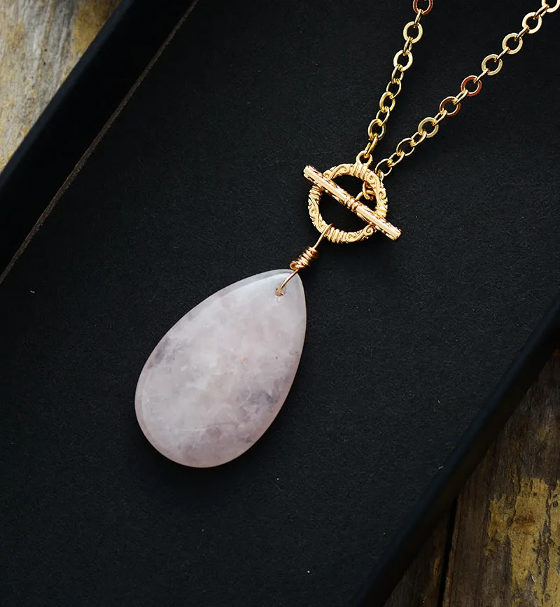 Classic Rose Quartzs Teardrop Pendant Lariat Necklace Gold Tone Natural Stone Necklace Elegant Jewelry Wholesale Dropshipping - Image 3