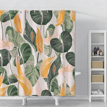 

Flower Leaves Printed Shower Curtain For Bathroom Polyester Fabric Shower Curtain Home Decor Waterproof Bath Curtain With Hooks