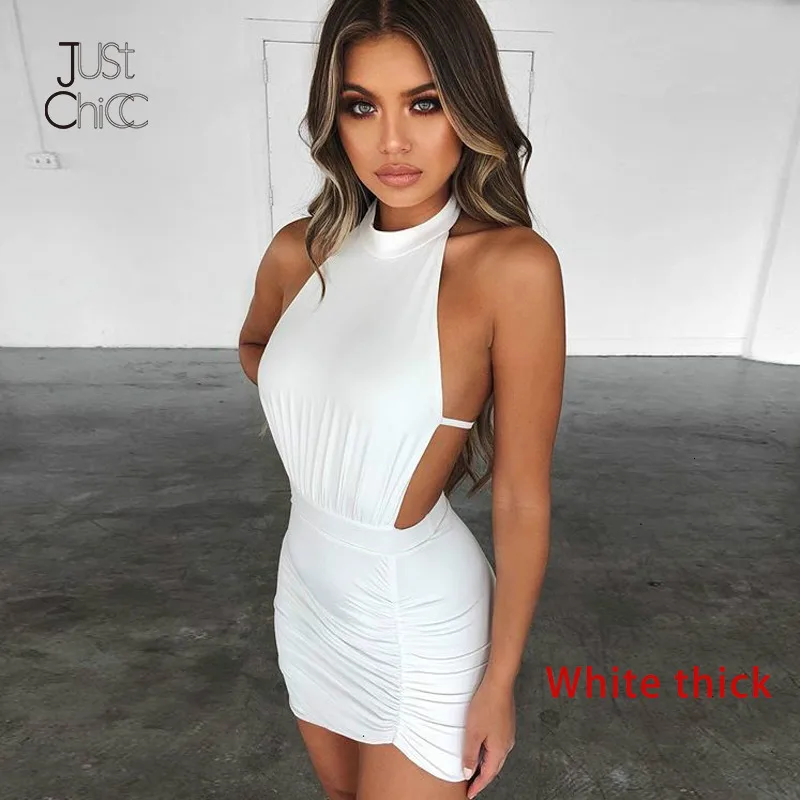 Justchicc White Mini Sexy Dress Women Autumn Backless Halter Bodycon Dresses Female Slim Sleeveless Ruched Bandage Dress - Цвет: White thick