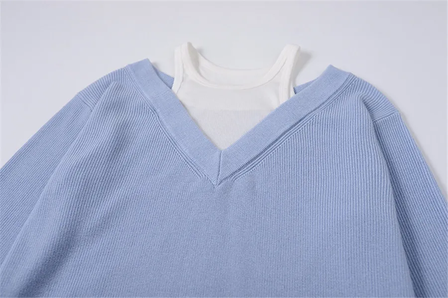 Новое поступление, женский модный свитер, длинный рукав, светильник, синий, весенние свитера, высокое качество, имитация 2 частей, пуловеры, Свитера для девочек