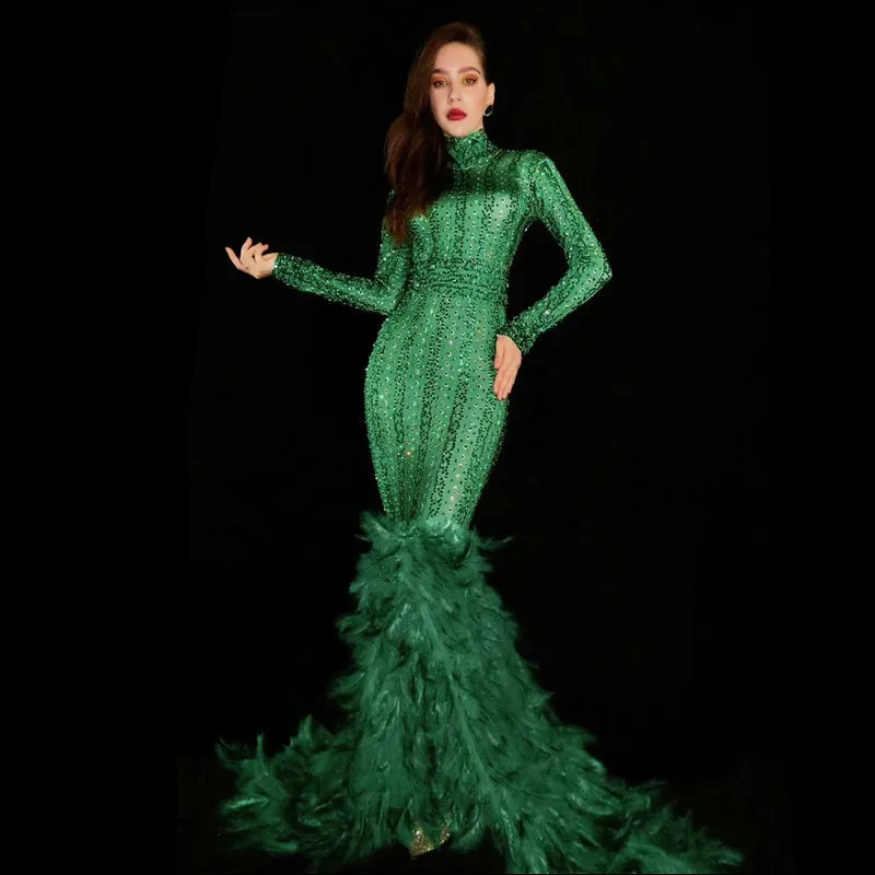 

Новинка, блестящее зеленое платье из перьев со стразами, женское длинное платье для празднования дня рождения, вечернее платье для выпускного вечера, Женские Элегантные платья певицы