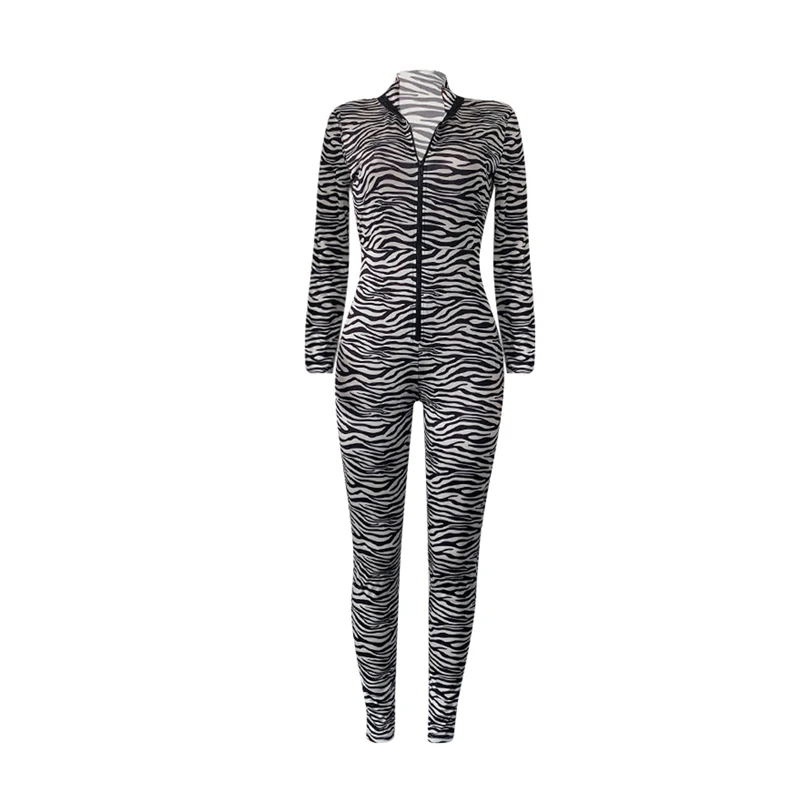 Tsuretobe Autumn Bodycon Zebra Pattern Jumpsuit Women Fashion Long Sleeve Romper With Zipper Slim Party Overalls Female Outfits