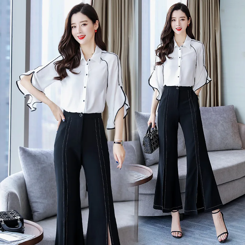 

Fashion Elegant 2019 Summer Short-sleeved Bell Sleeve Slimming Single Breasted Two-Piece Set