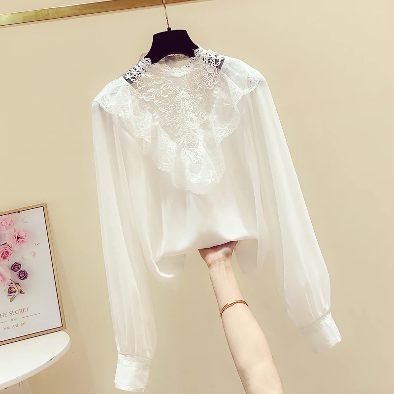 

Crochet Hollow Out Lace Blouse Women Flounced Shirt Women's White Shirts Spring Clothing New Sweet Lace Shirt Blusa Feminina
