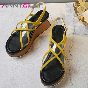 

ANNYMOLI Women Shoes High Heels Platform Wedge Sandals Buckle Party Shoes Transparent Sandals Lady Black Size 34-39 Summer 2020