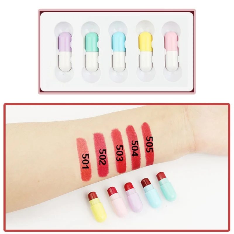 

Hot 5pcs/set Capsule Small Lipstick Set Waterproof Moisturizing Matte Lip Stick Kit Non-Stick Cup Long-Lasting Sexy Lipstick