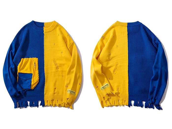 Aelfric Eden Color Clock Patchwork Pockets Knitted Mens Sweaters Streetwear Harajuku Hip Hop Fashion Casual Male Pullovers - Цвет: Yellow Blue